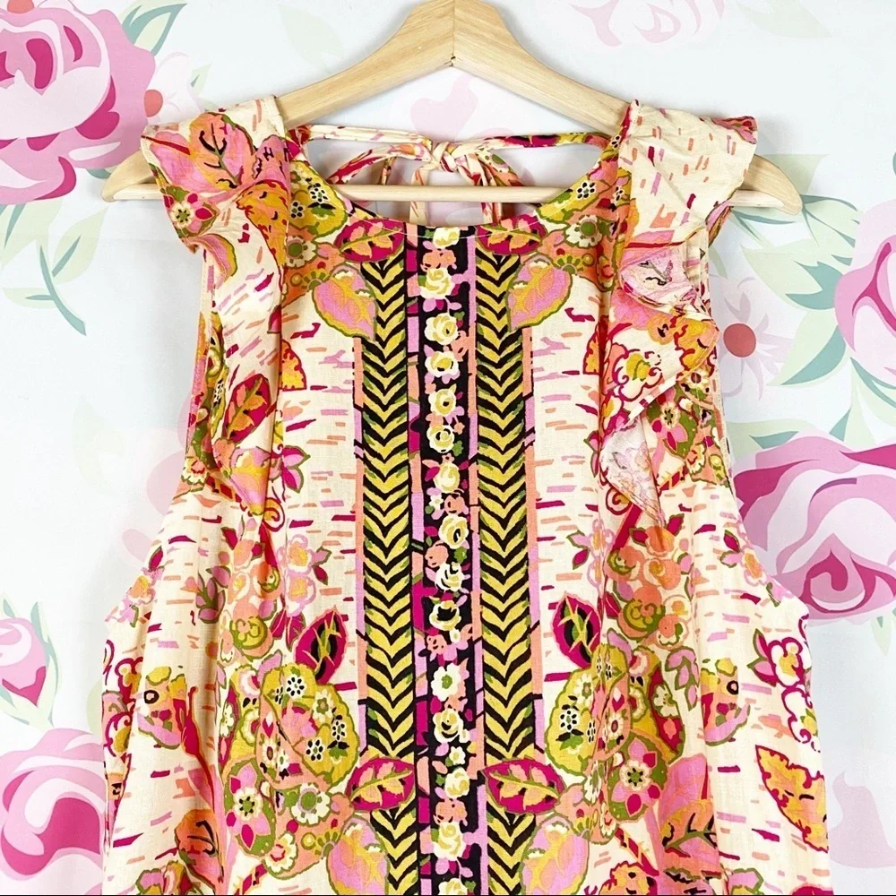 NEW Free People Summer In Tulum Pink Combo Tunic Floral Summer Sleeveless Top XS